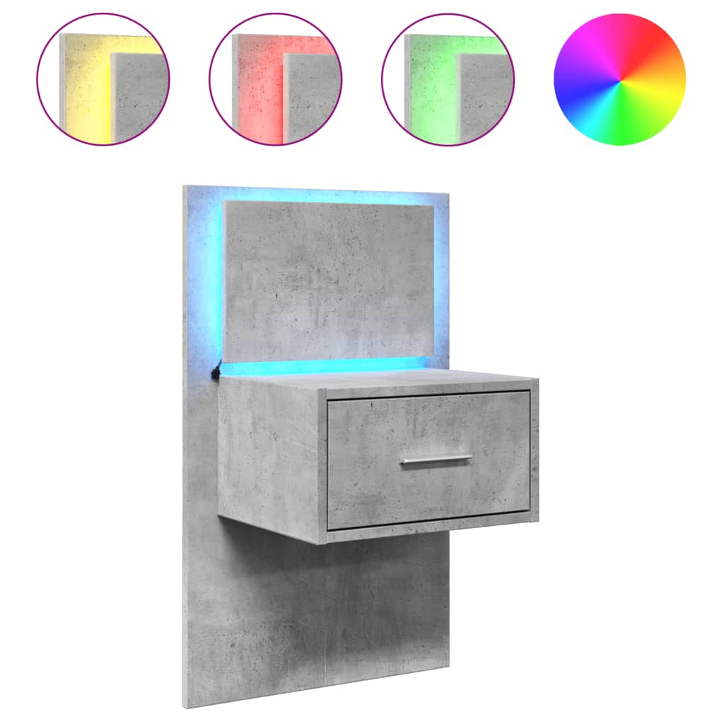 Concrete Grey Wall-Mounted Bedside Cabinet with LED Lights