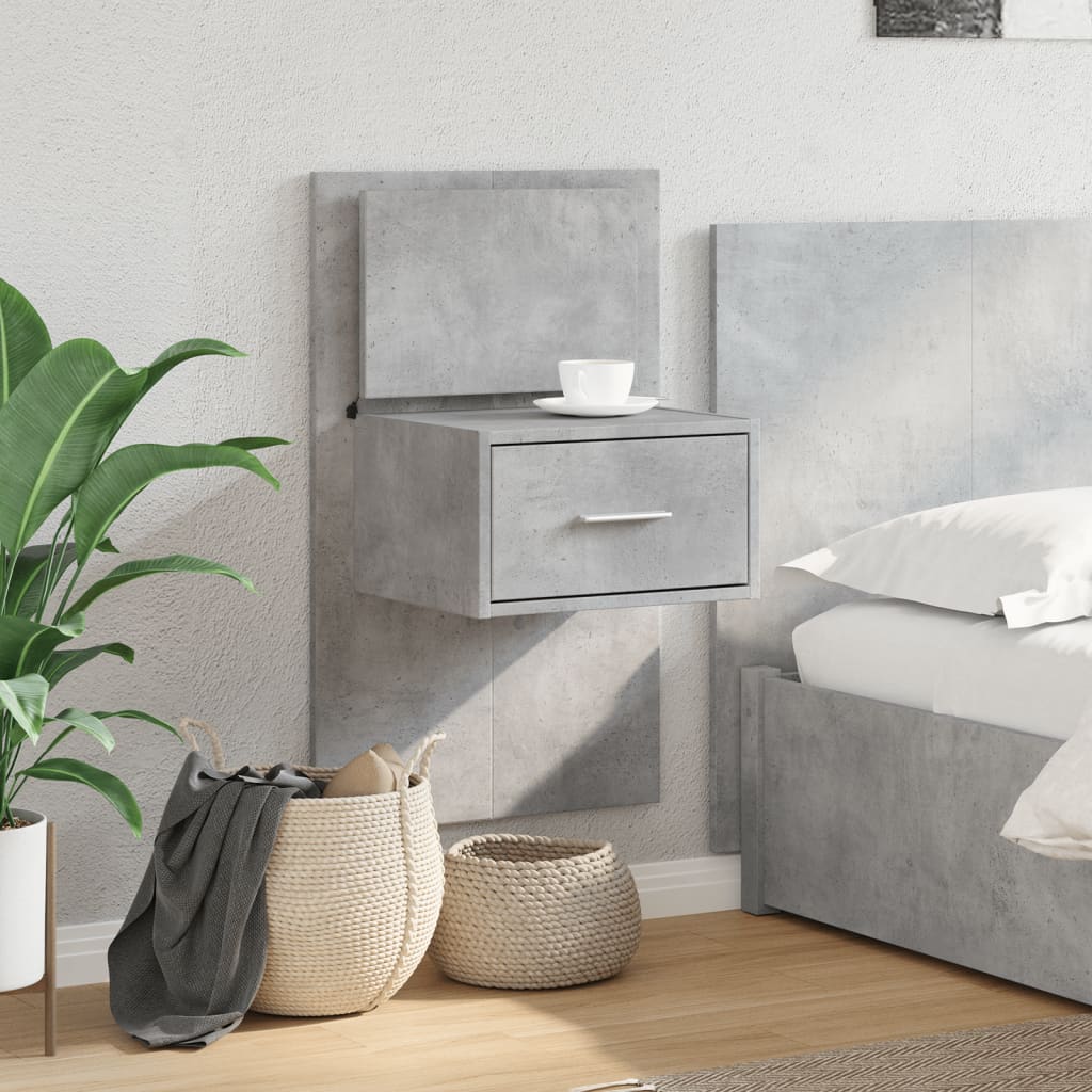 Concrete Grey Wall-Mounted Bedside Cabinet with LED Lights