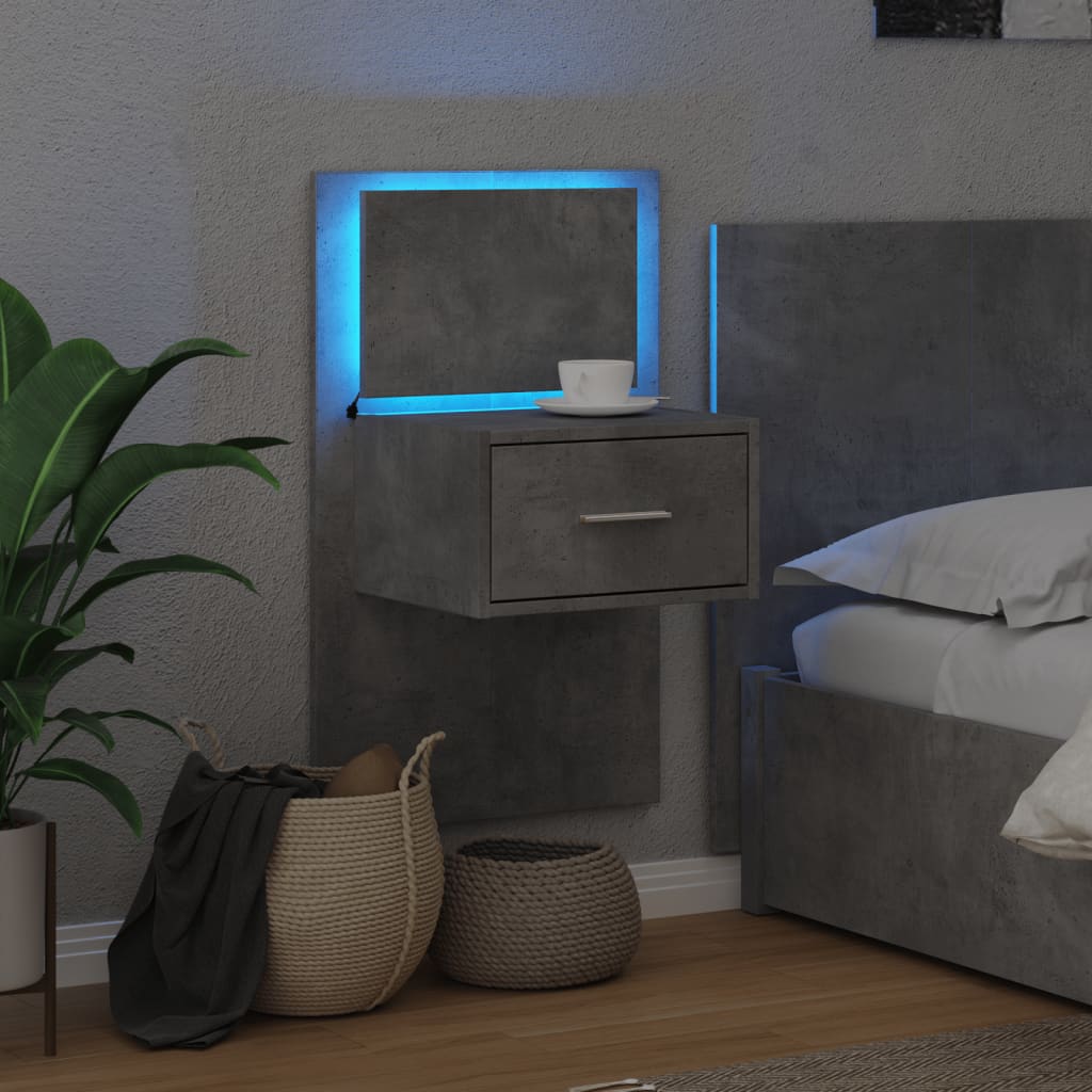 Concrete Grey Wall-Mounted Bedside Cabinet with LED Lights