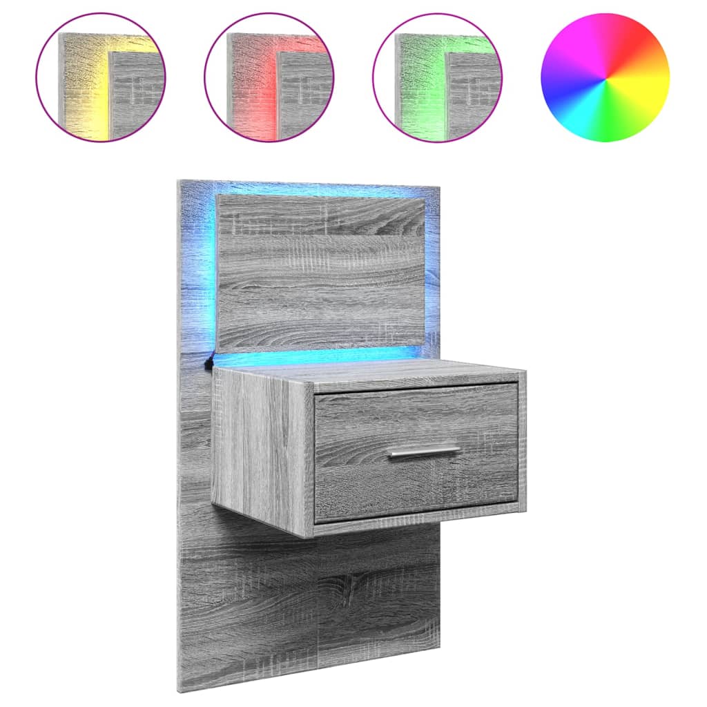Grey Sonoma Wall-Mounted Bedside Cabinet with LED Lights
