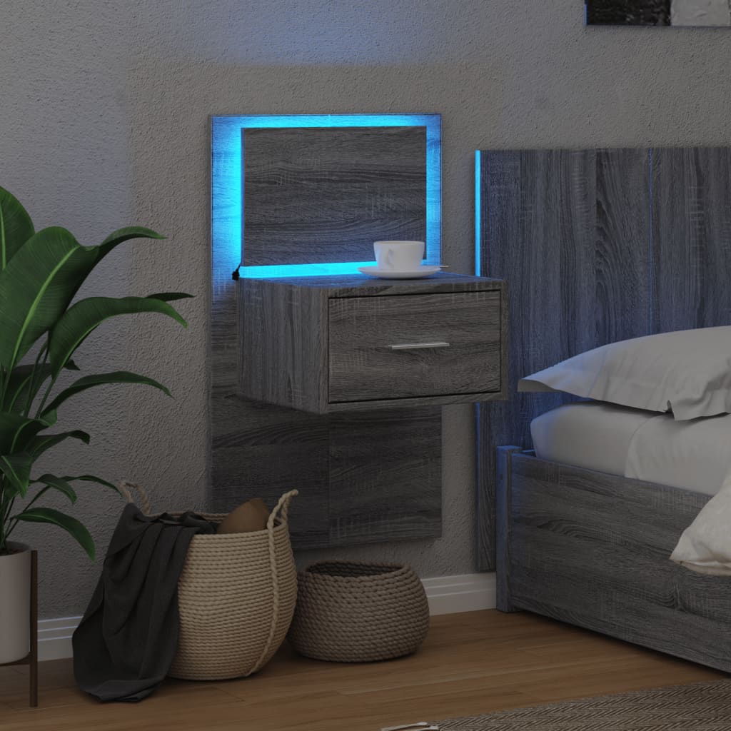 Grey Sonoma Wall-Mounted Bedside Cabinet with LED Lights