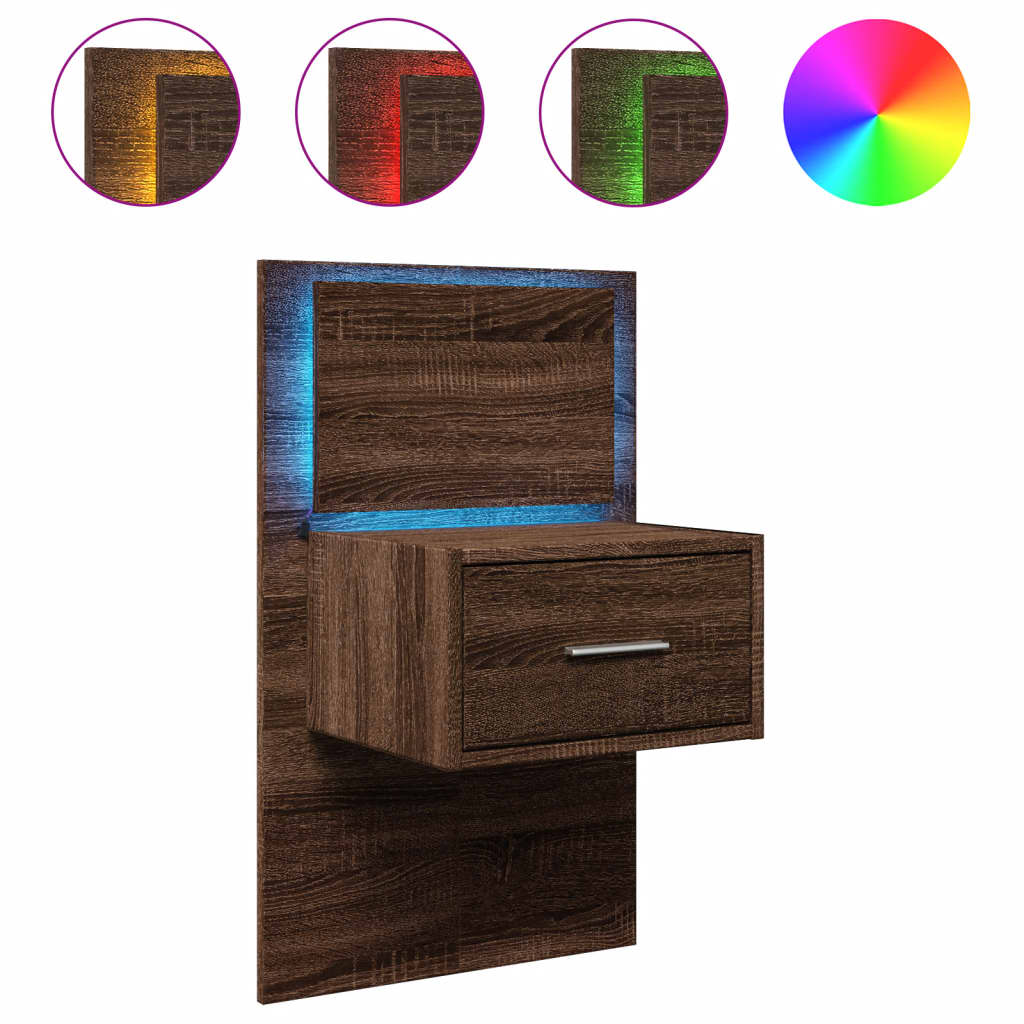Brown Oak Wall-Mounted Bedside Cabinet with LED Lights