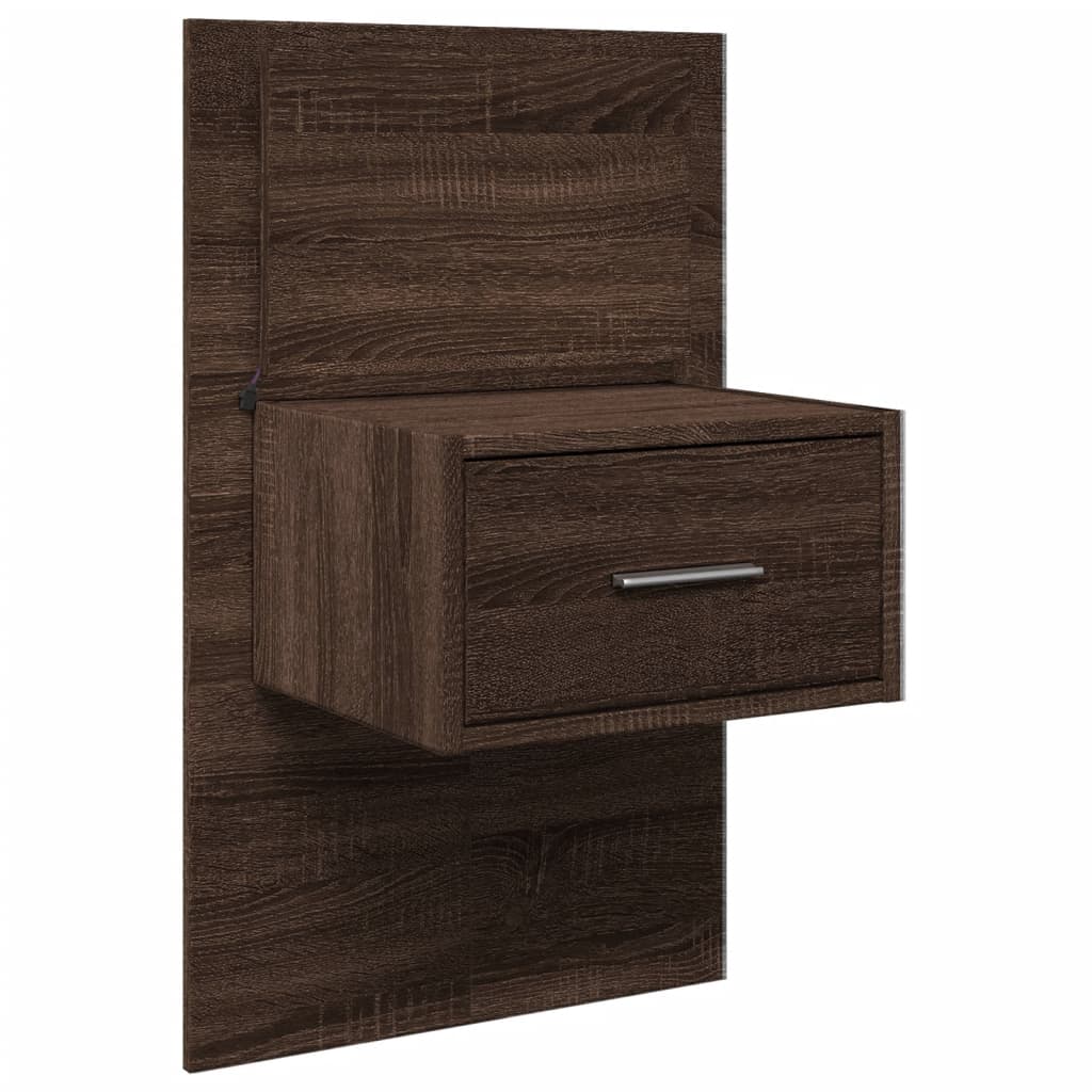 Brown Oak Wall-Mounted Bedside Cabinet with LED Lights