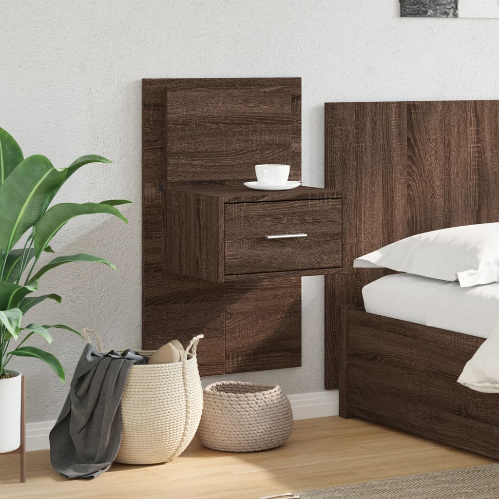 Brown Oak Wall-Mounted Bedside Cabinet with LED Lights