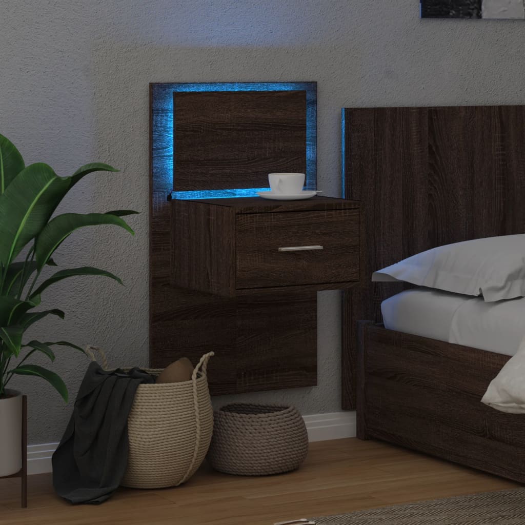 Brown Oak Wall-Mounted Bedside Cabinet with LED Lights