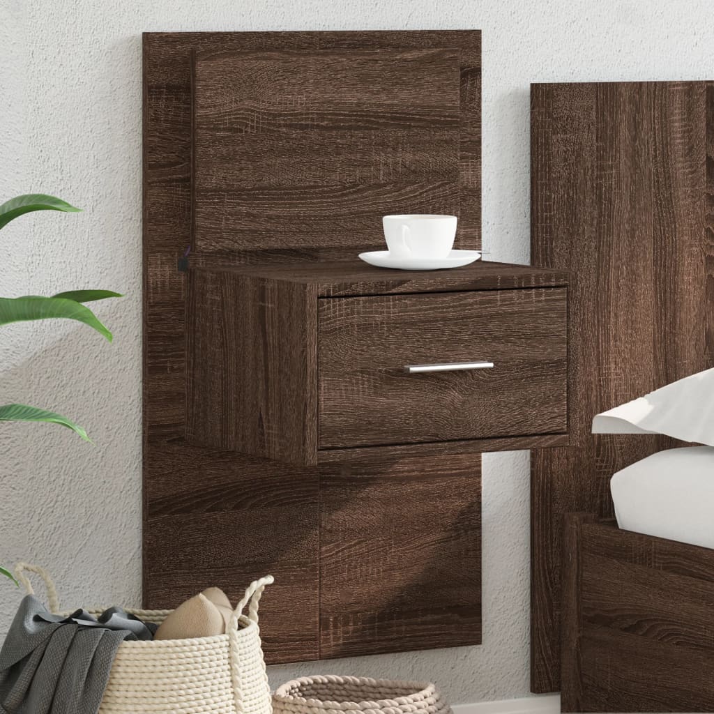 Brown Oak Wall-Mounted Bedside Cabinet with LED Lights