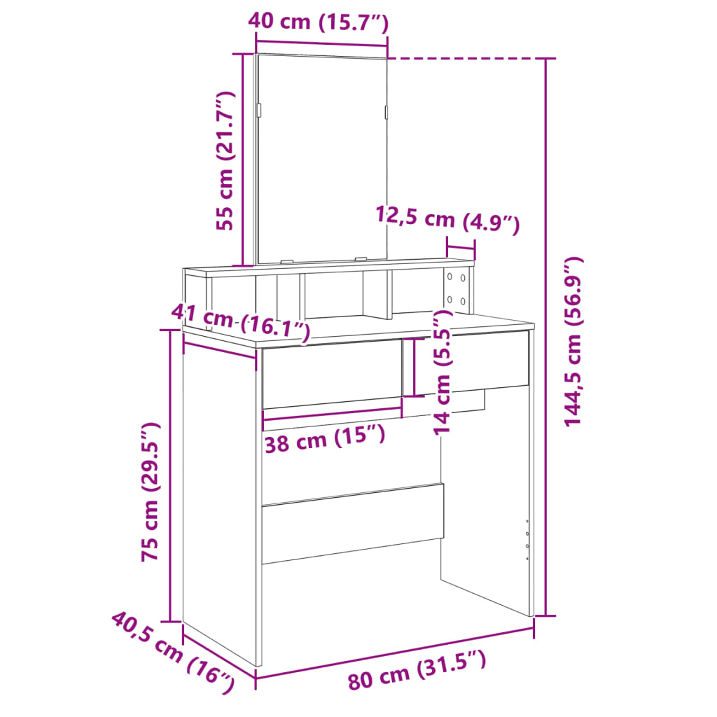 Sonoma Oak Dressing Table with Mirror, 80x41x144.5 cm