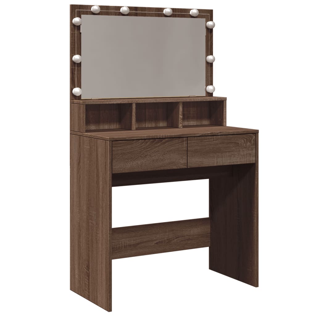 Brown Oak Dressing Table with LED Lights - 80x41x134.5 cm