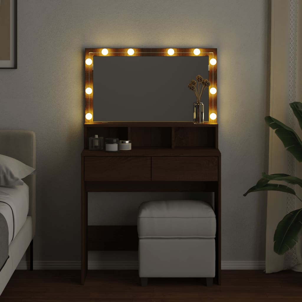 Brown Oak Dressing Table with LED Lights - 80x41x134.5 cm