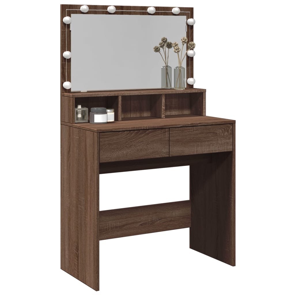 Brown Oak Dressing Table with LED Lights - 80x41x134.5 cm