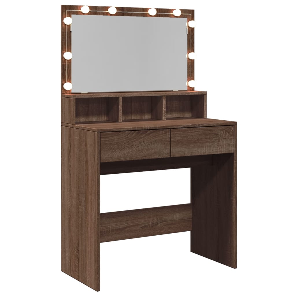 Brown Oak Dressing Table with LED Lights - 80x41x134.5 cm