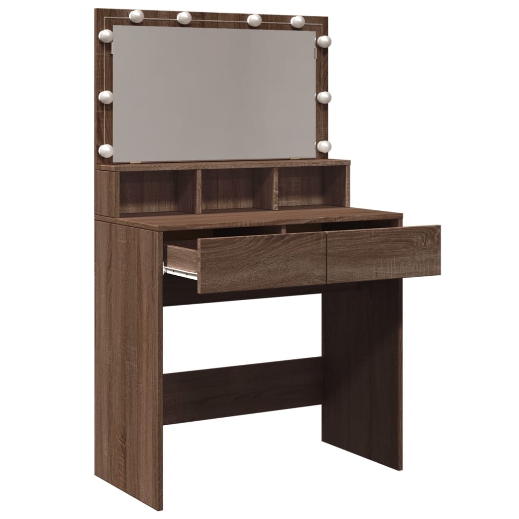 Brown Oak Dressing Table with LED Lights - 80x41x134.5 cm