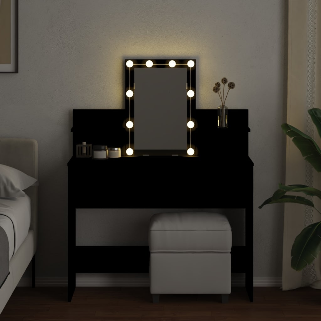 Sleek Black Dressing Table with LED Lights, 100x40x130 cm