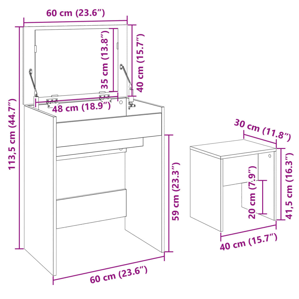 Grey Sonoma Dressing Table & Stool Set 60x40x113.5 cm - Stylish & Compact