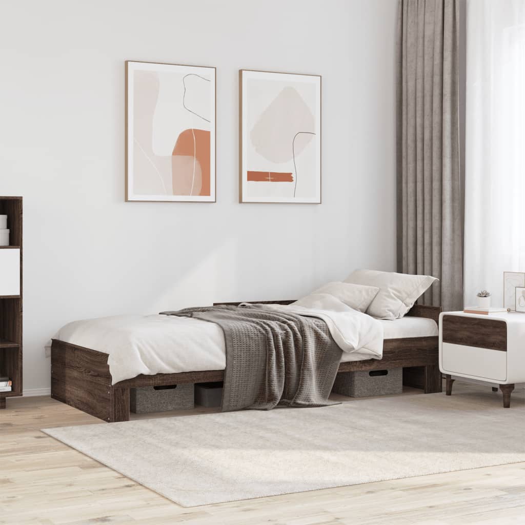 Brown Oak Bed Frame 100x200 cm - Engineered Wood, No Mattress
