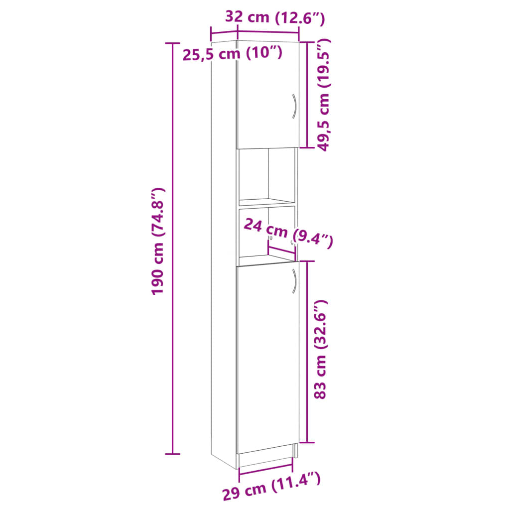 Sonoma Oak Bathroom Cabinet 32x25.5x190 cm - Engineered Wood