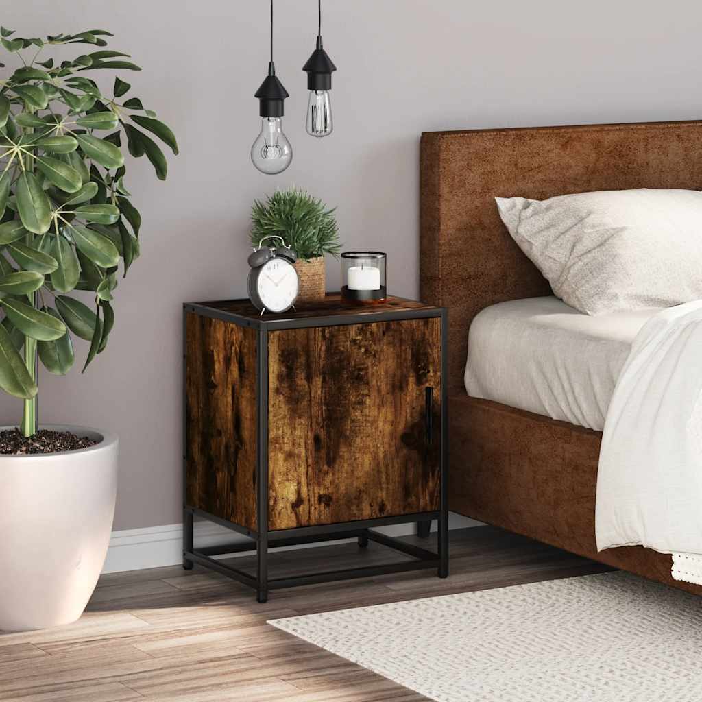 Smoked Oak Bedside Cabinet - 40x31x50cm Engineered Wood & Metal