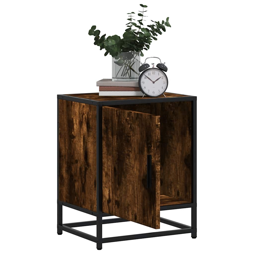 Smoked Oak Bedside Cabinet - 40x31x50cm Engineered Wood & Metal