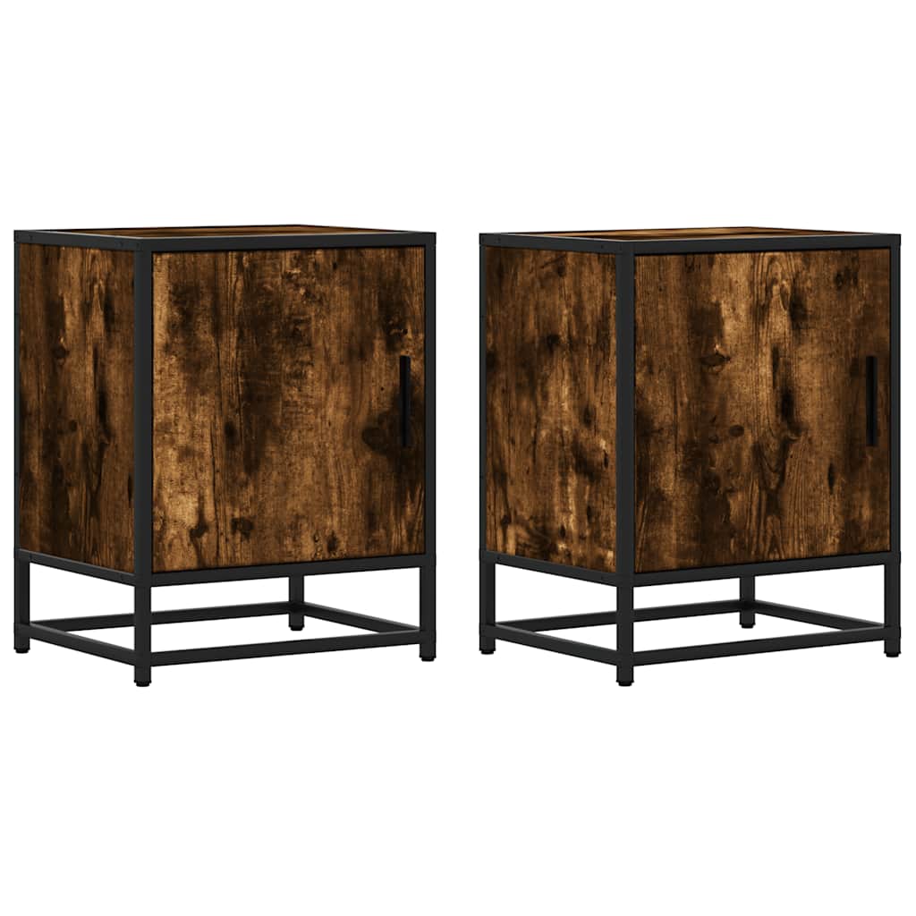 Smoked Oak & Metal Bedside Cabinets 2pcs - 40x31x50 cm