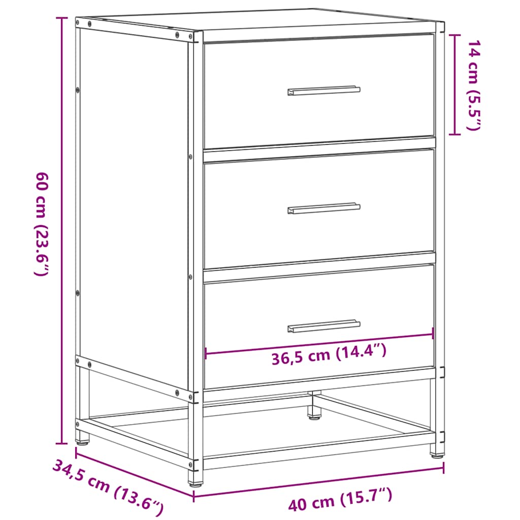 Grey Sonoma Bedside Cabinet, 40x34.5x60 cm, Wood & Metal Design