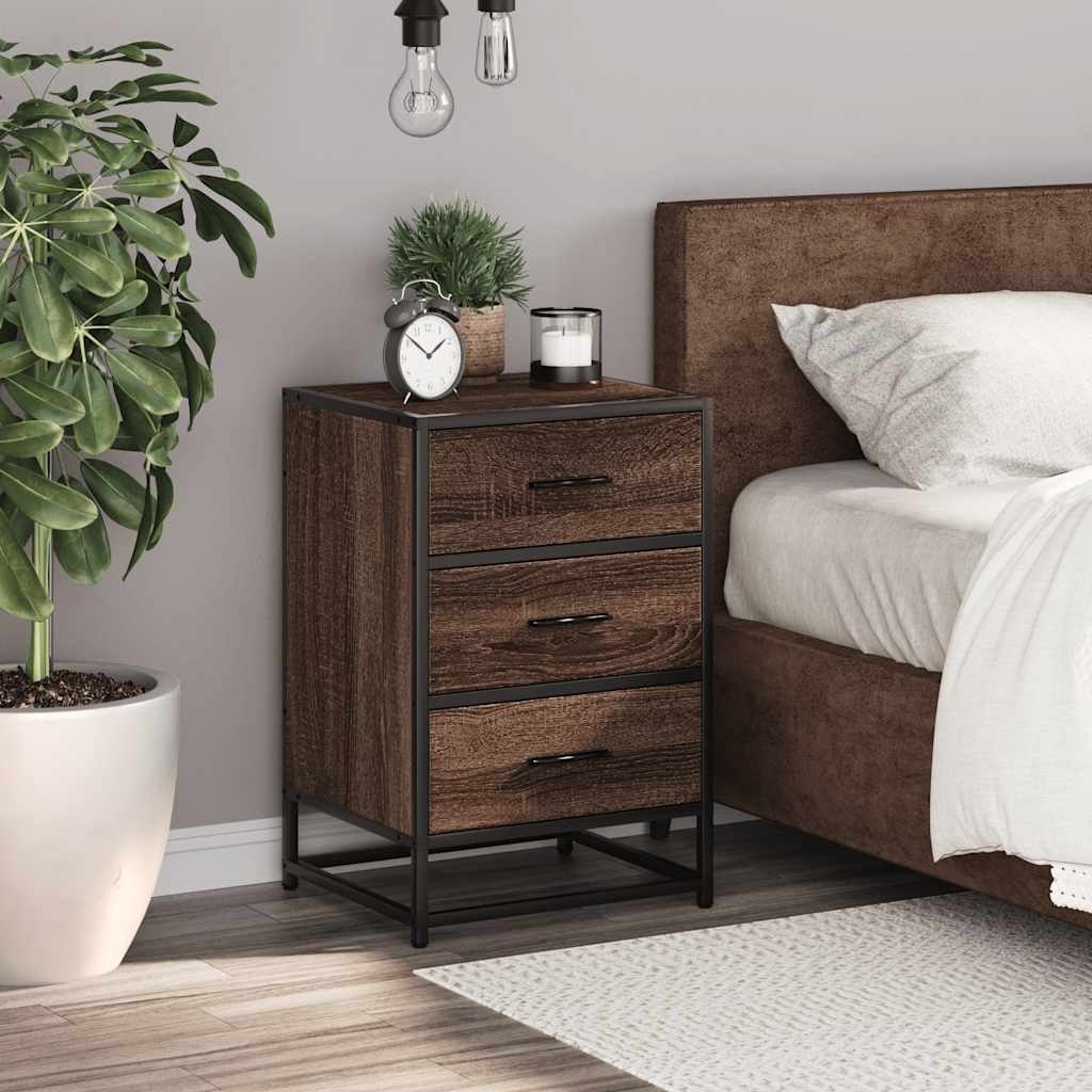 Brown Oak Bedside Cabinet, 40x34.5x60 cm, Engineered Wood & Metal
