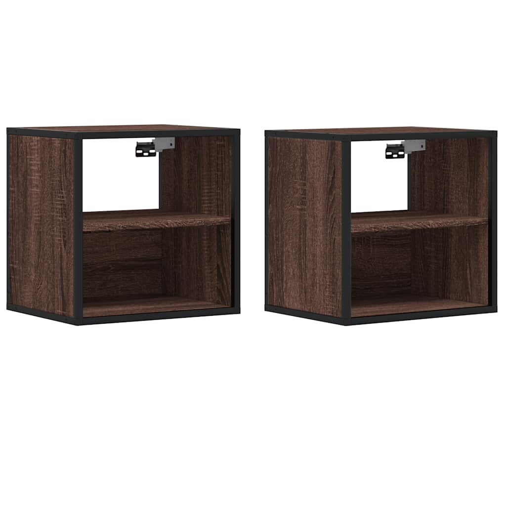 Brown Oak Wall-Mounted Bedside Cabinets Set of 2 - 40x31x39.5 cm