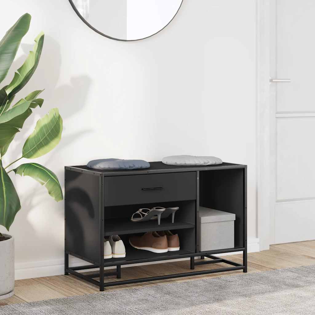 Sleek Black Shoe Bench, Engineered Wood & Metal, 80x40x53.5 cm