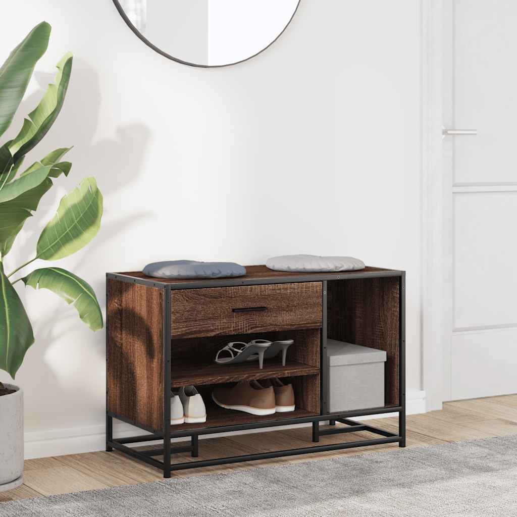 Stylish Brown Oak Shoe Bench - 80x40x53.5cm Engineered Wood & Metal