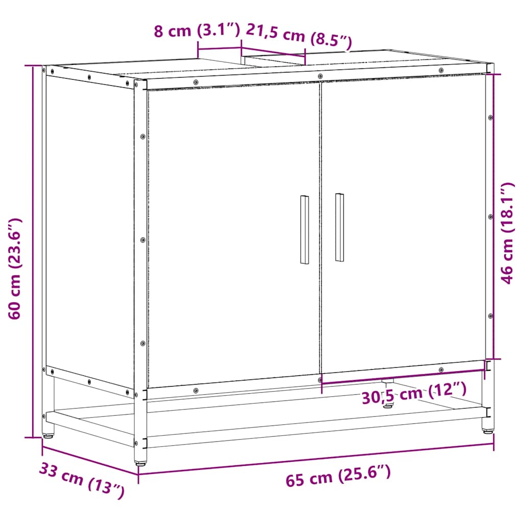 Smoked Oak Engineered Wood Bathroom Sink Cabinet 65x33x60 cm