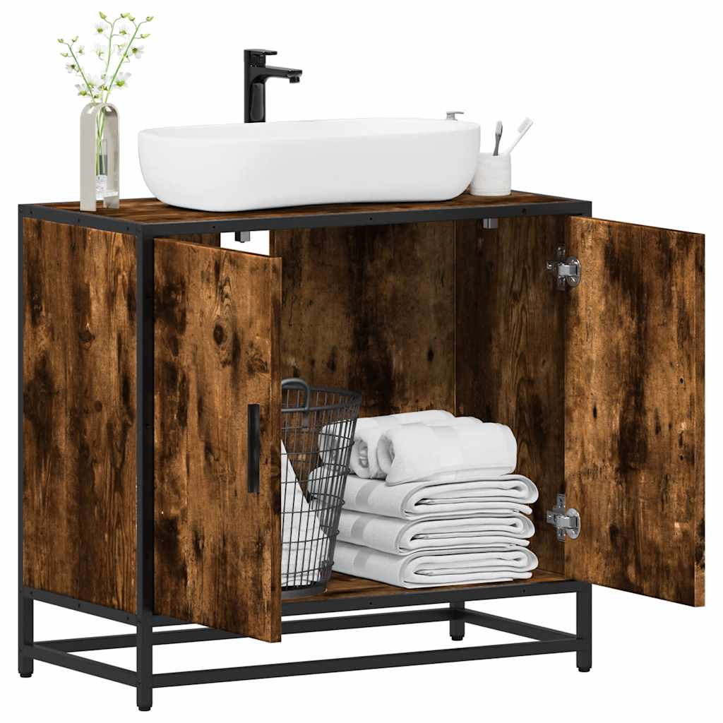 Smoked Oak Engineered Wood Bathroom Sink Cabinet 65x33x60 cm