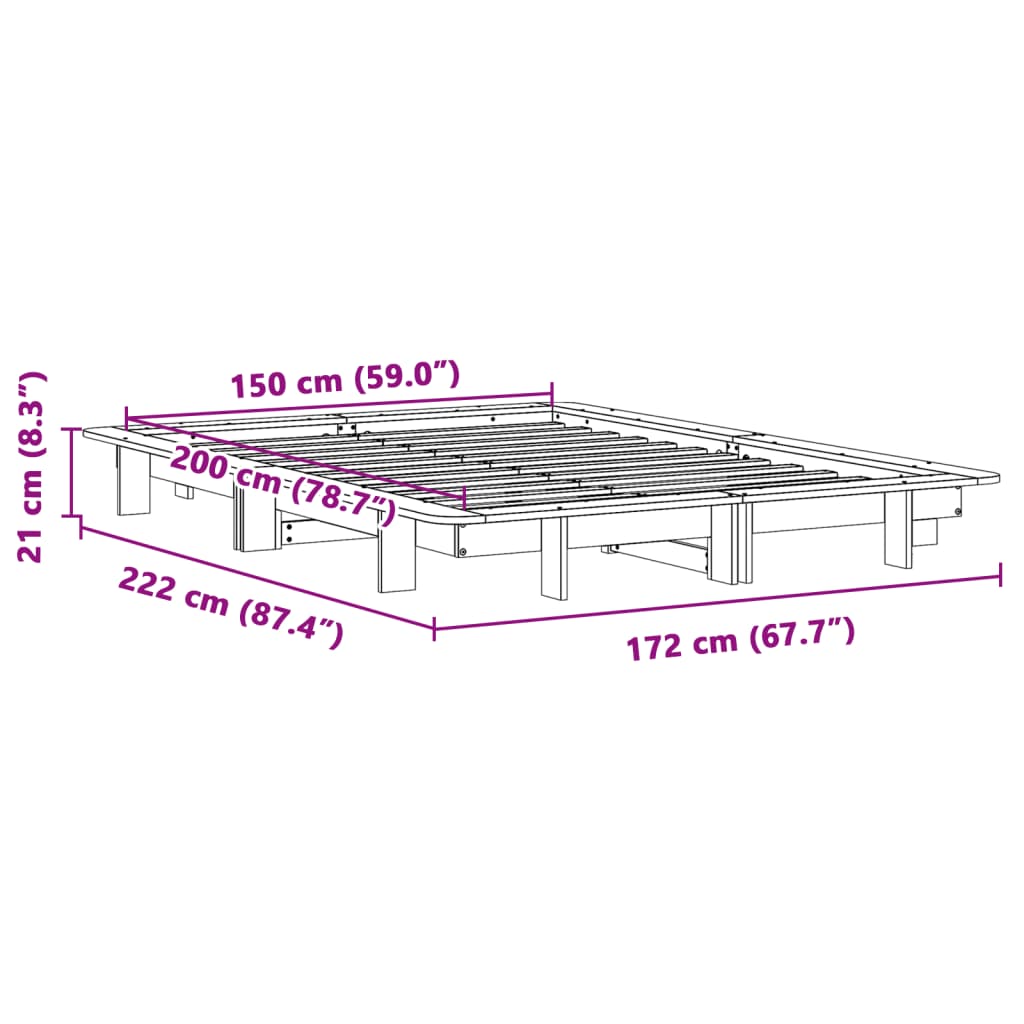 King Size White Solid Pine Bed Frame 150x200 cm - No Mattress