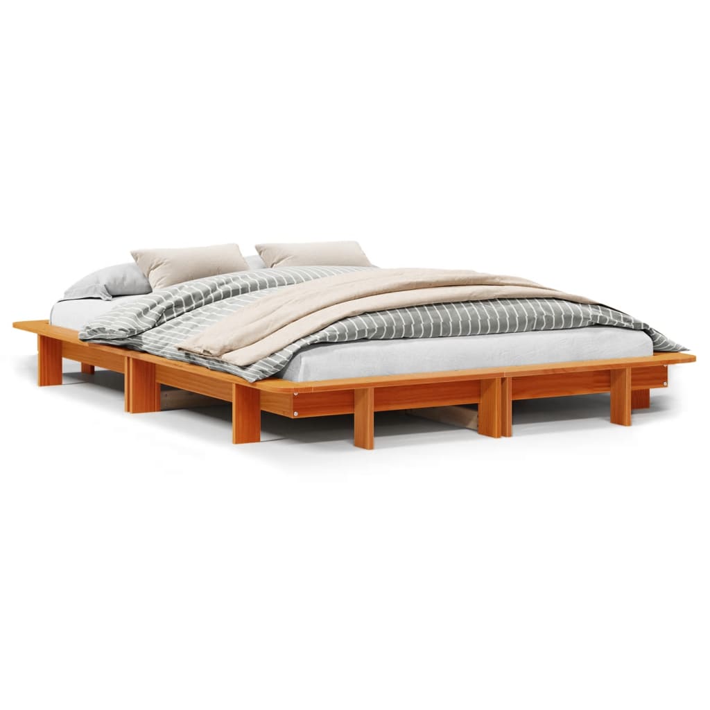 Wax Brown Solid Pine Wood Double Bed Frame 135x190 cm