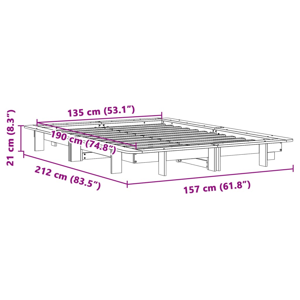 Wax Brown Solid Pine Wood Double Bed Frame 135x190 cm
