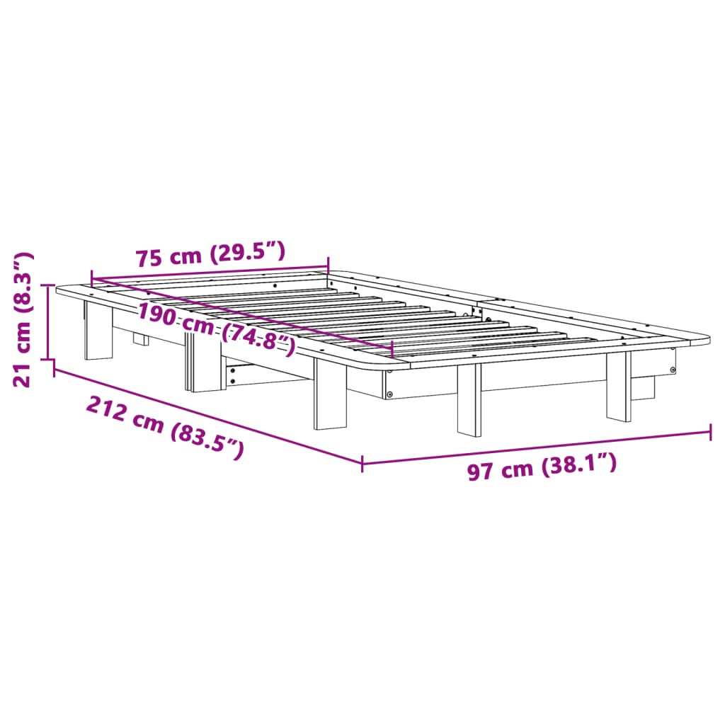 Solid Pine Wood Small Single Bed Frame 75x190 cm - No Mattress