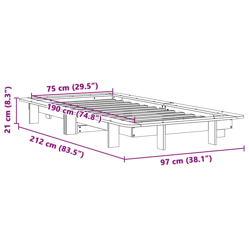 Solid Pine Wood Bed Frame, Wax Brown 75x190 cm, Small Single