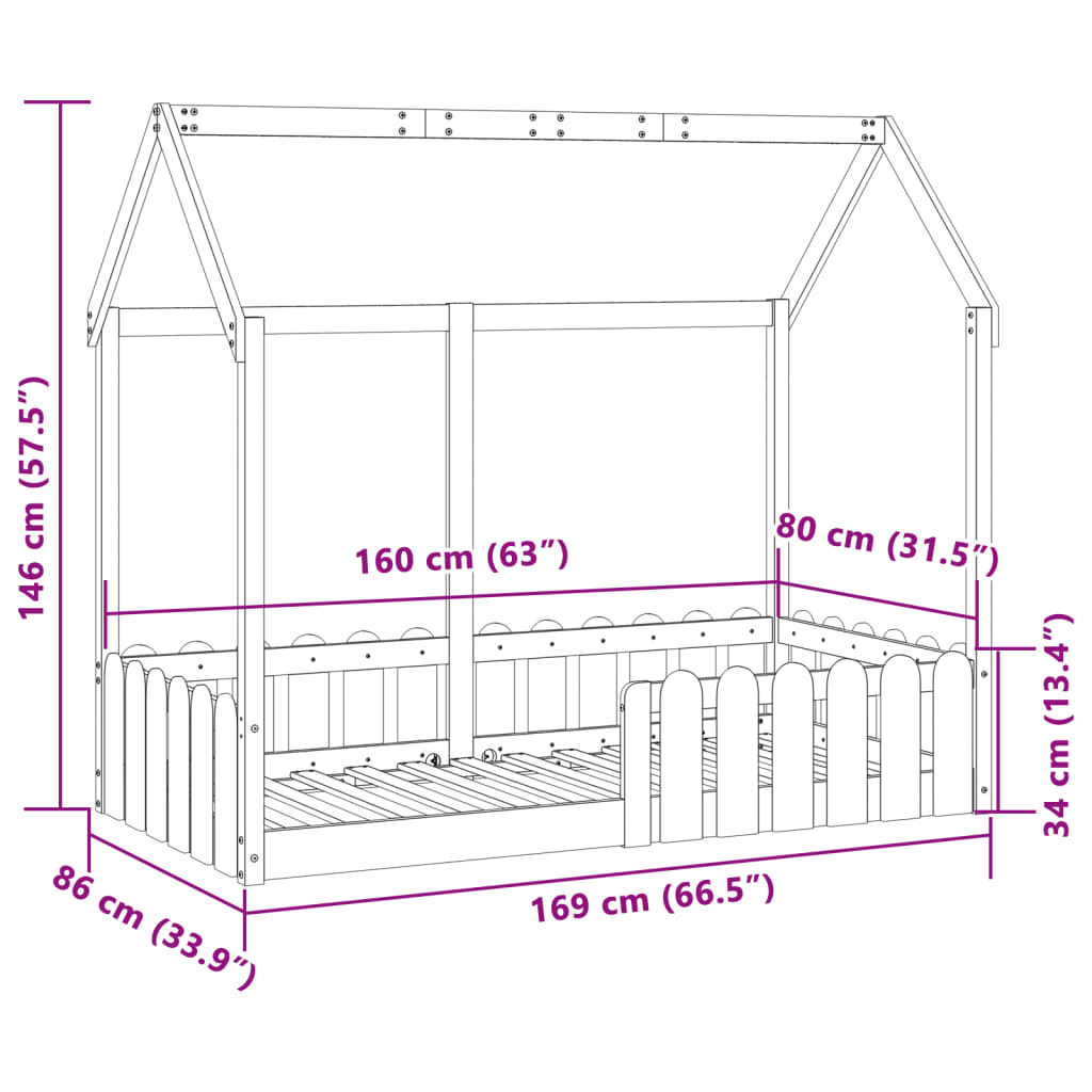 Solid Pine Kids' House Bed Frame 80x160 cm - No Mattress Included