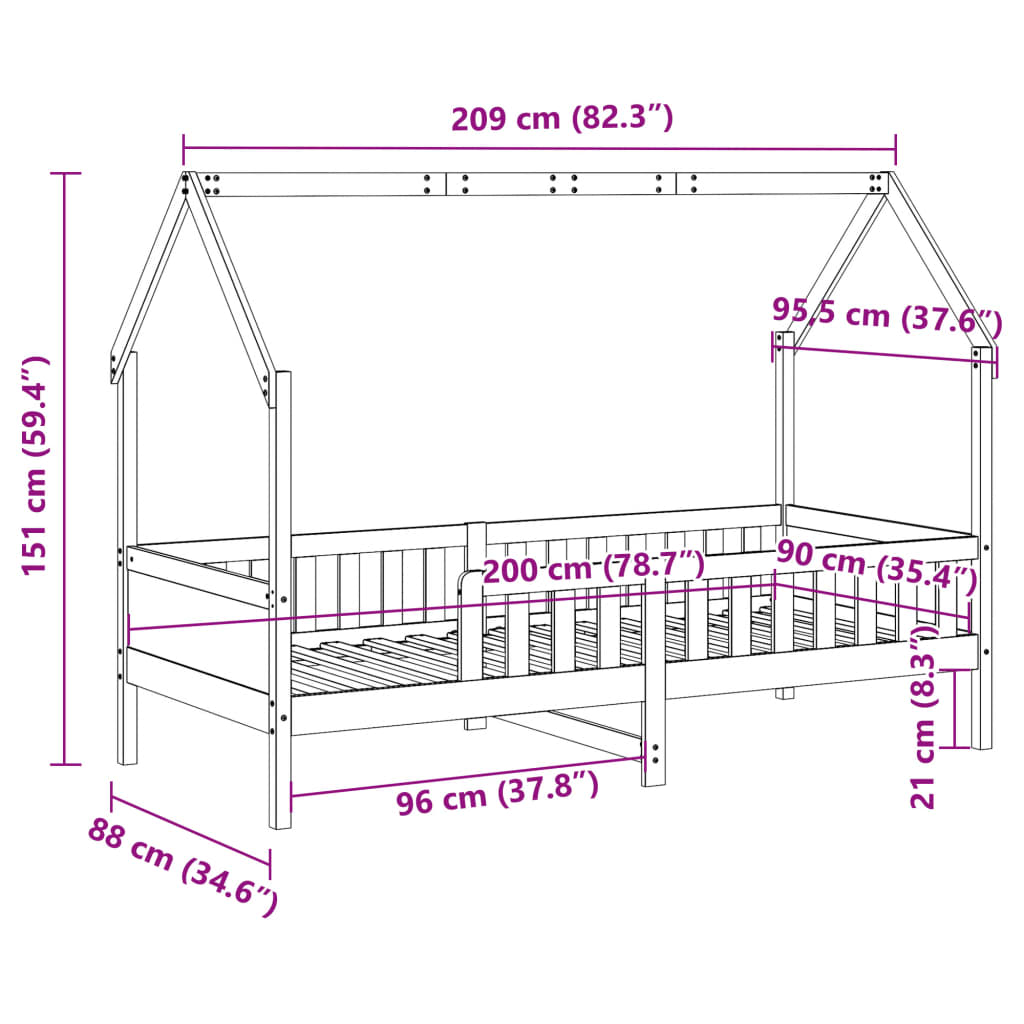 White Pine Kids' House Bed Frame 90x200 cm - No Mattress Included