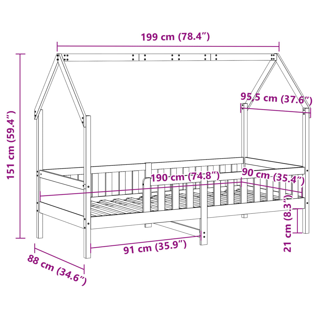 White Pine Kids' House Bed Frame 90x190cm - Single, No Mattress
