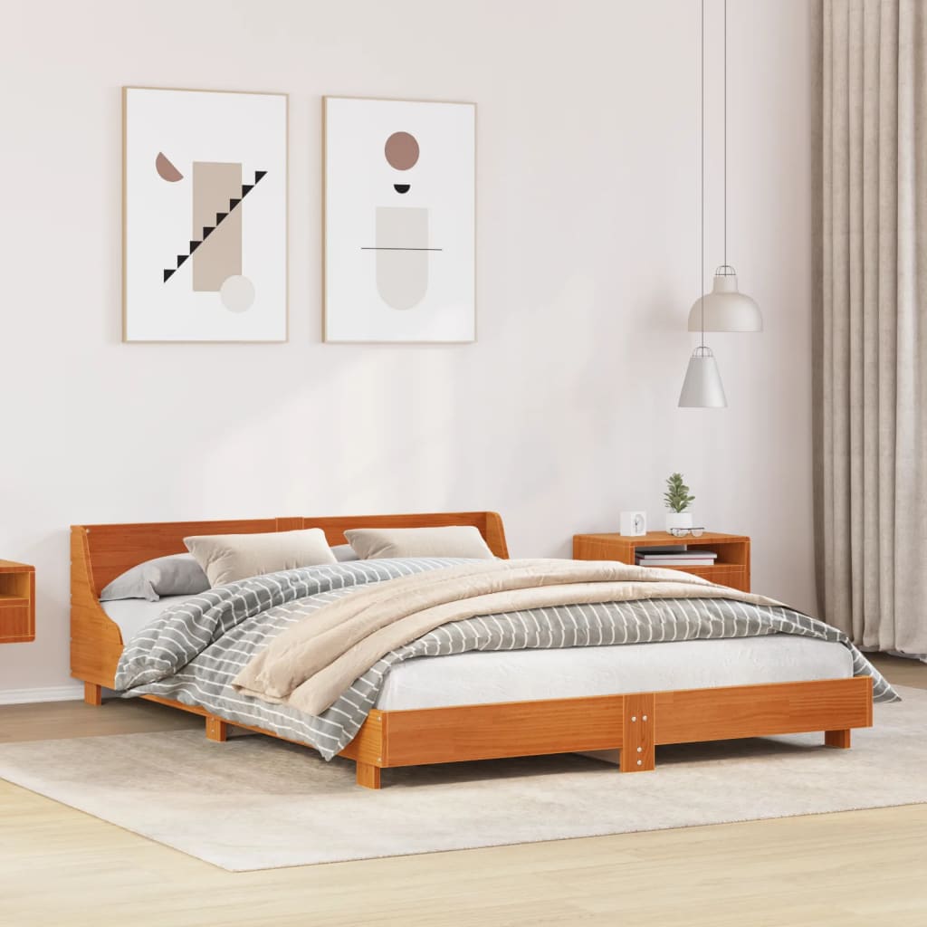 King Size Solid Pine Wood Bed Frame, Wax Brown 150x200 cm