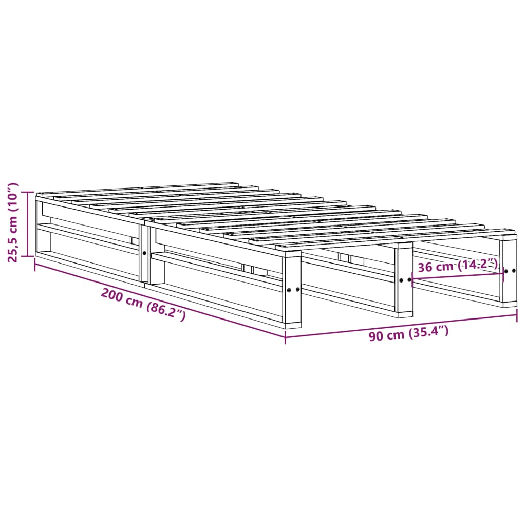 Solid Pine Bed Frame, White, 90x200 cm - No Mattress Included