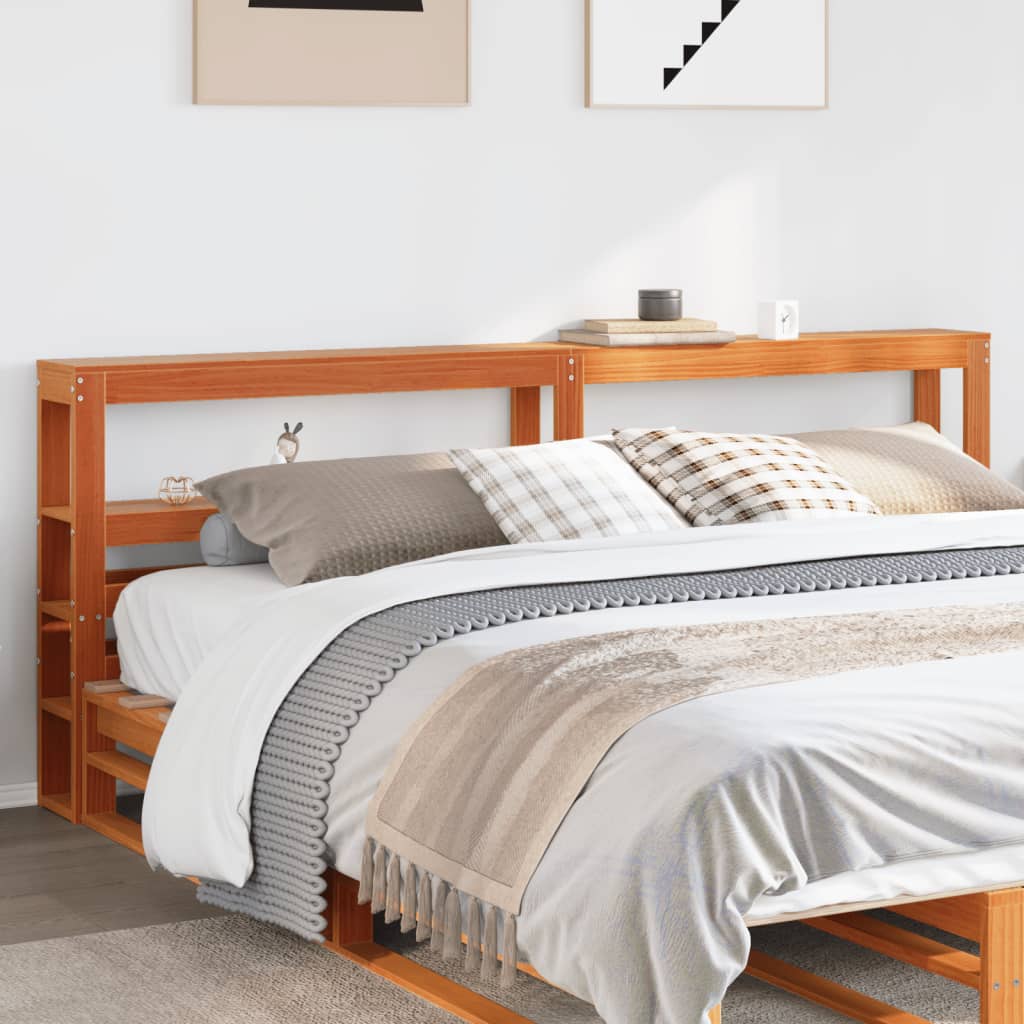 Solid Pine Wood Headboard with Shelves 200cm - Wax Brown Finish