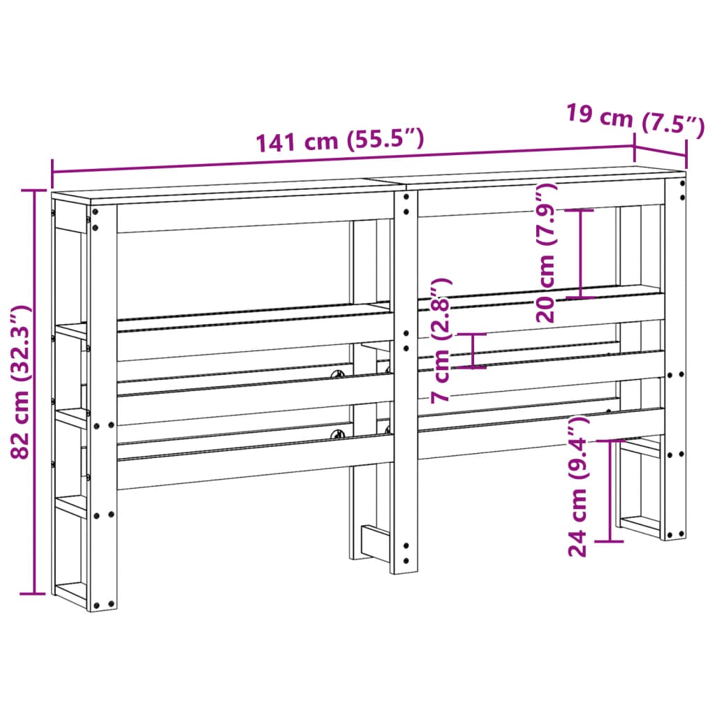 Solid Pine White Headboard with Shelves - 135 cm