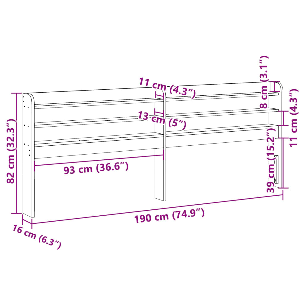 White Solid Pine Headboard with Shelves, 180 cm