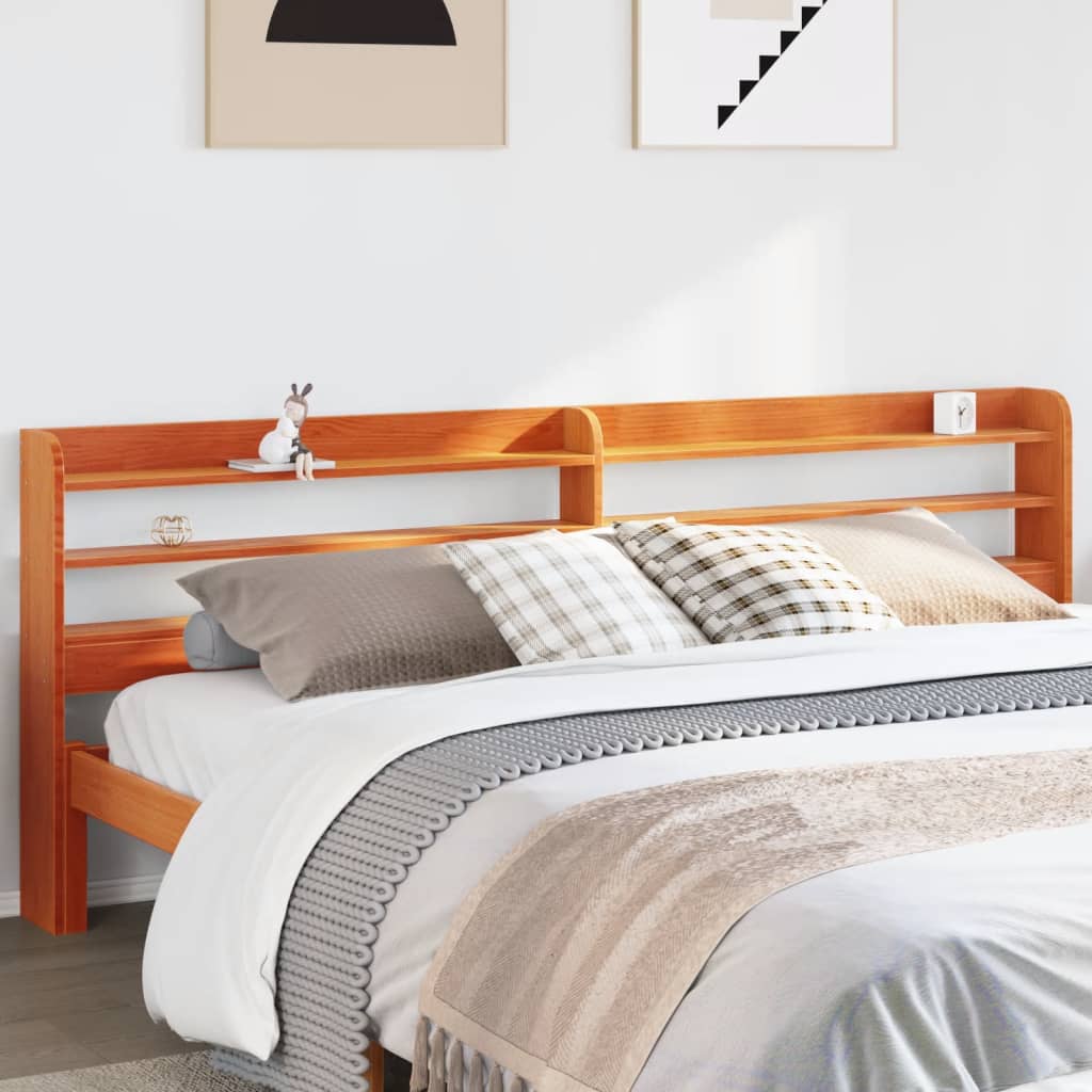 Solid Pine Wood Headboard with Shelves, Wax Brown, 180 cm