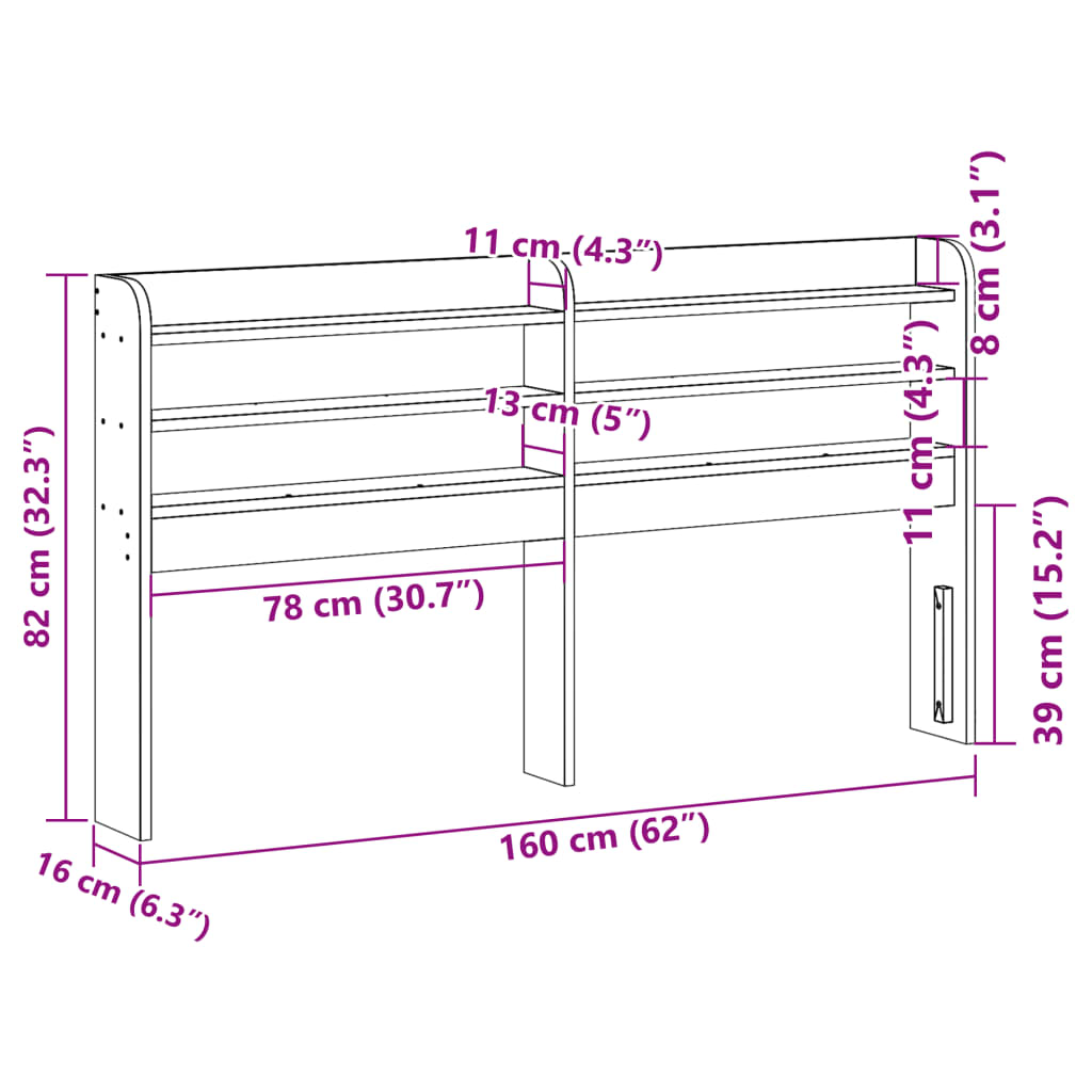 White Solid Pine Wood Headboard with Shelves, 150 cm