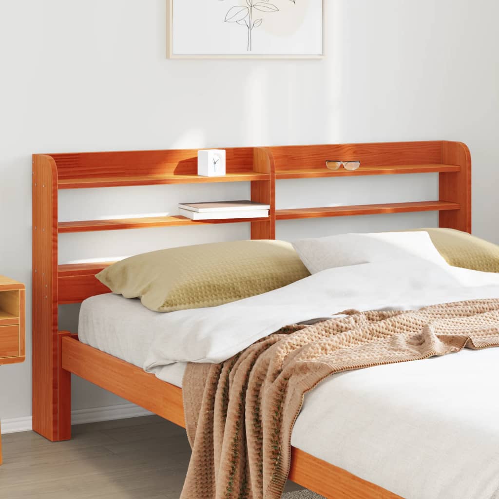 Wax Brown Solid Pine Headboard with Shelves - 150 cm