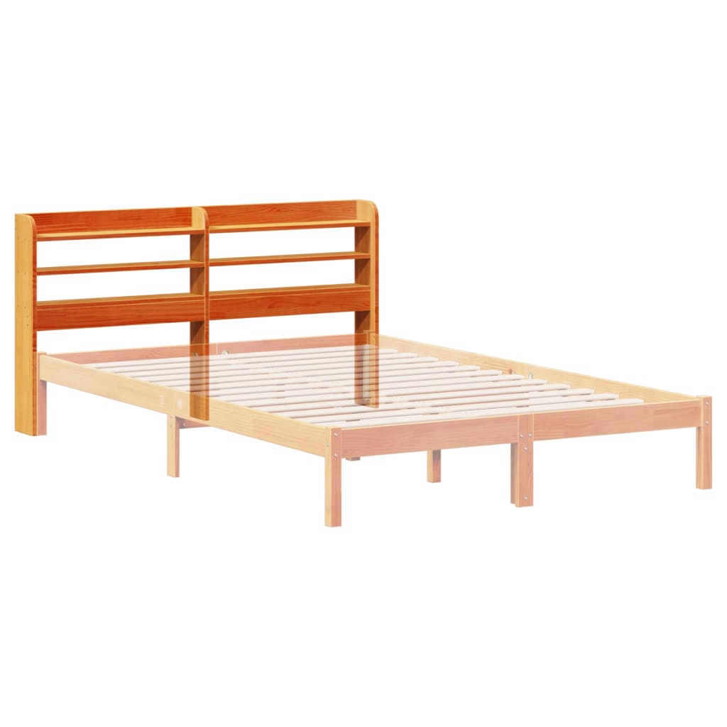 Solid Pine Wood Headboard with Shelves, Wax Brown, 135 cm