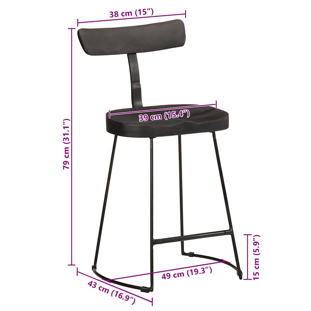 Black Mango Wood Bar Stools, Set of 2 (49x43x79 cm)