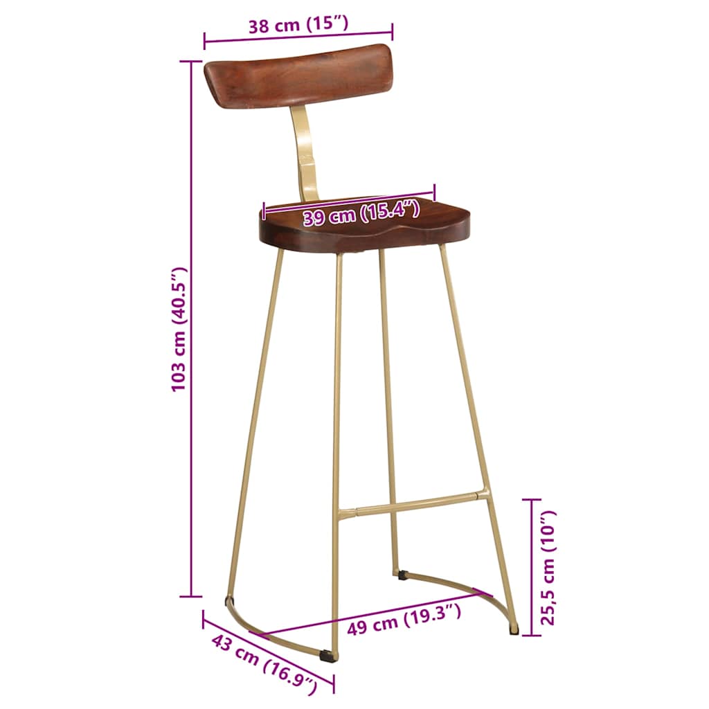 Solid Mango Wood Bar Stools - Set of 2, 49x43x103 cm