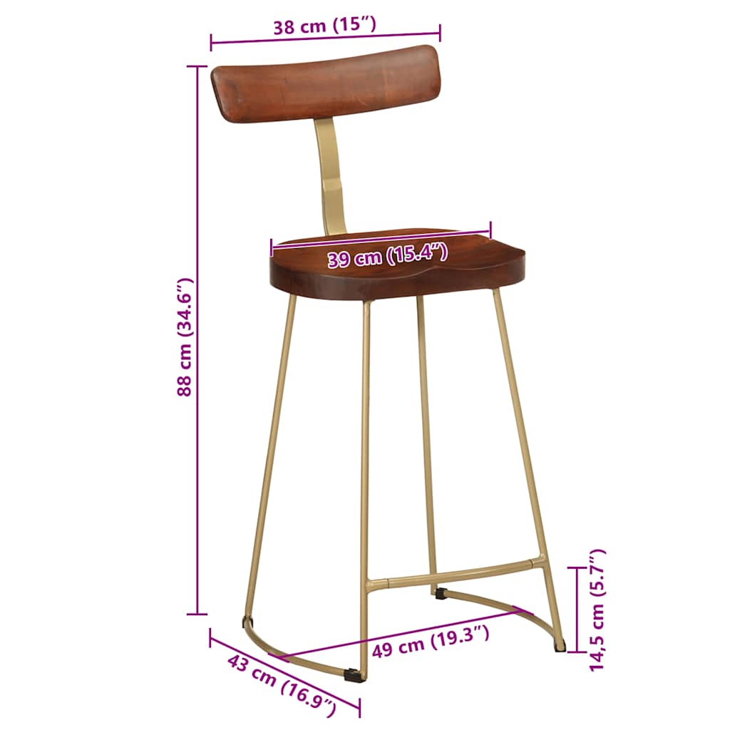 Solid Mango Wood Bar Stools Set of 2 - 49x43x88 cm